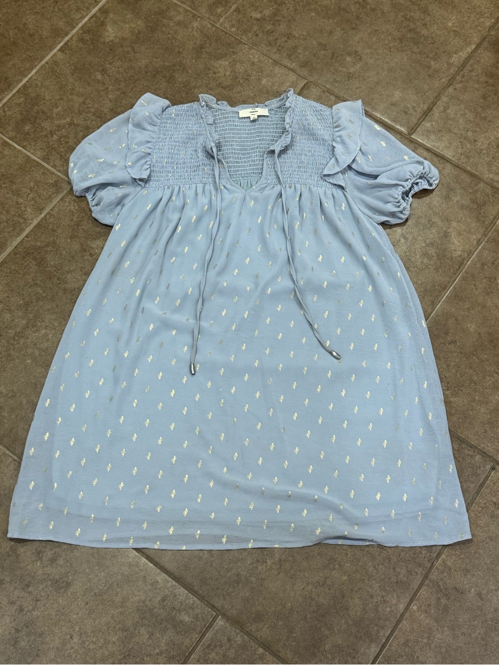 entro Light Blue Smocked Yoke Casual Dress with Metallic Dots